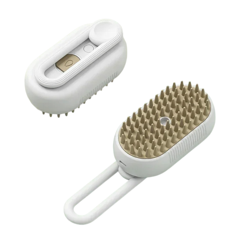 Brosse de toilettage à vapeur pour chiens et chats. Humidificateur intégré. Fenêtre transparente affiche le niveau d'eau. Conception ergonomique de la poignée. Livrée avec un cable USB.