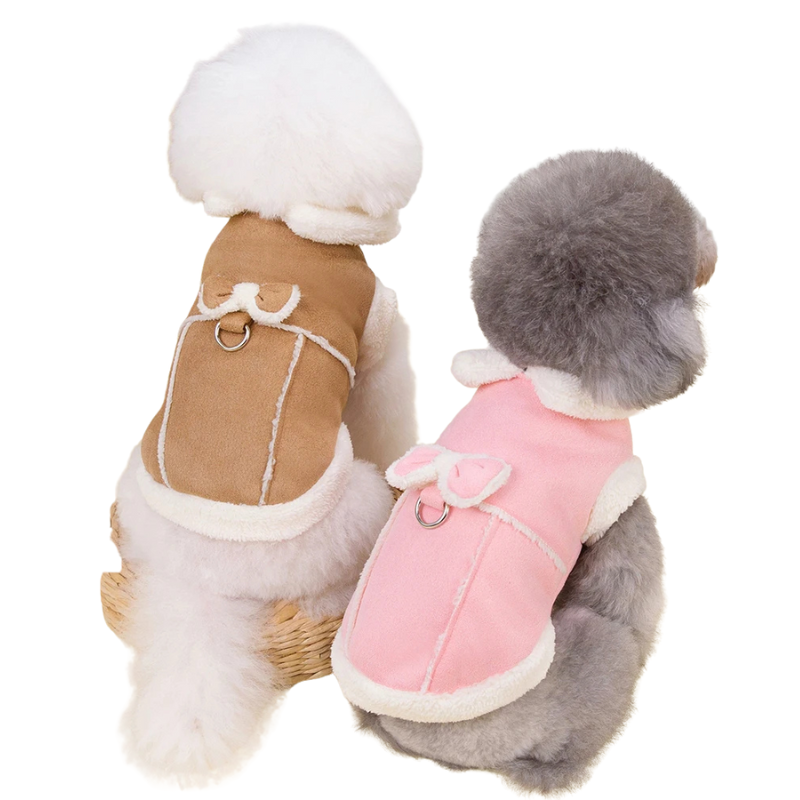 Lilou, manteau d'hiver idéal pour petits chiens avec noeud papillon, chaud et doux. Deux couleurs.