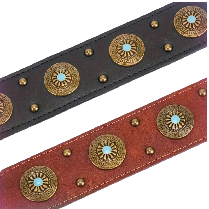 Cesar II, magnifique collier en cuir pour chiens moyens et grands. Largeur du collier 5cm, finitions : boucle trous, décorations en métal.