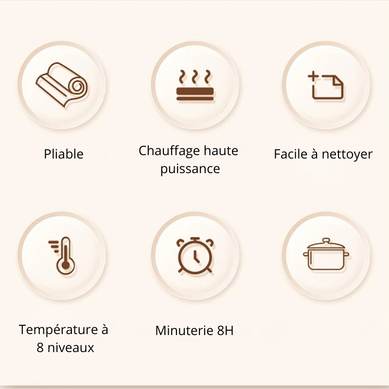 Plateau Chauffant électrique pliable en silicone. Gardez vos plats chauds.