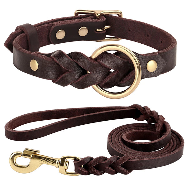 Hetman, ensemble collier et laisse(1m50) en cuir véritable tressé et résistant pour chiens de taille moyenne et grande. Disponible en marron et noir.