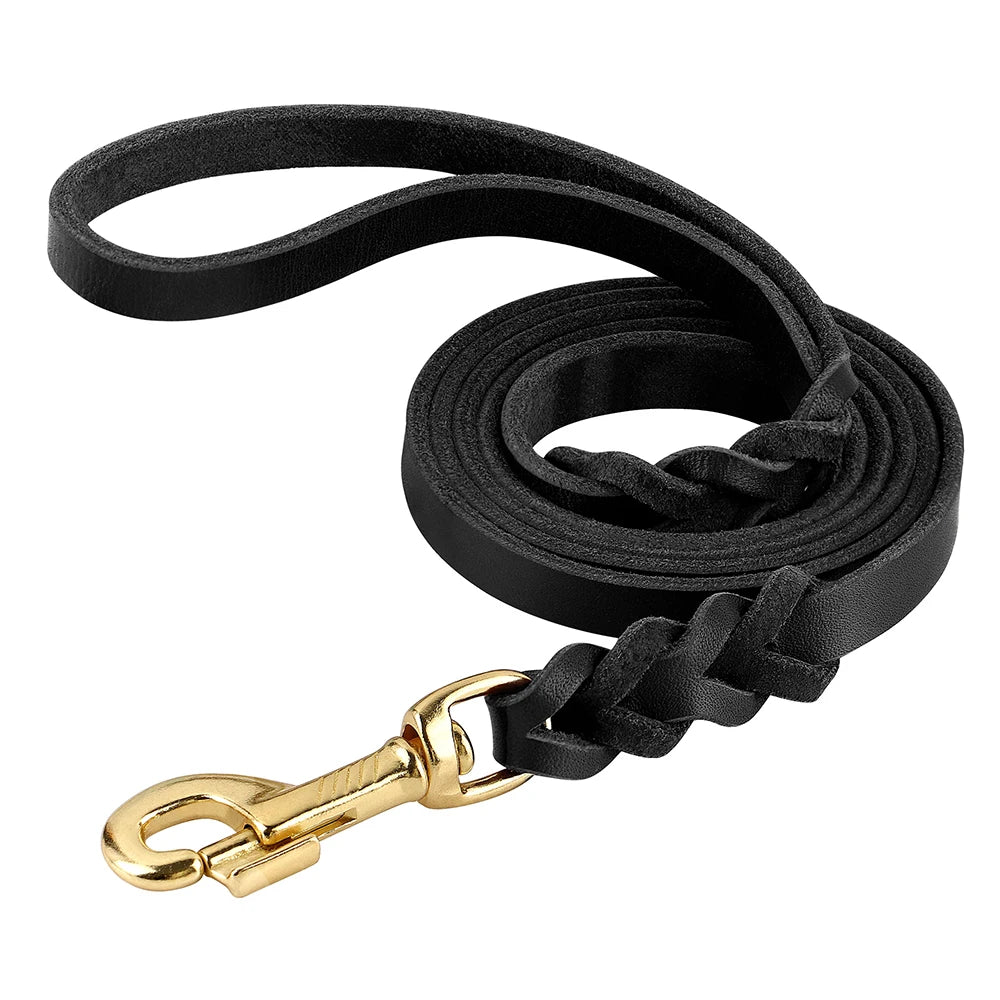 Hetman, ensemble collier et laisse(1m50) en cuir véritable tressé et résistant pour chiens de taille moyenne et grande. Disponible en marron et noir.