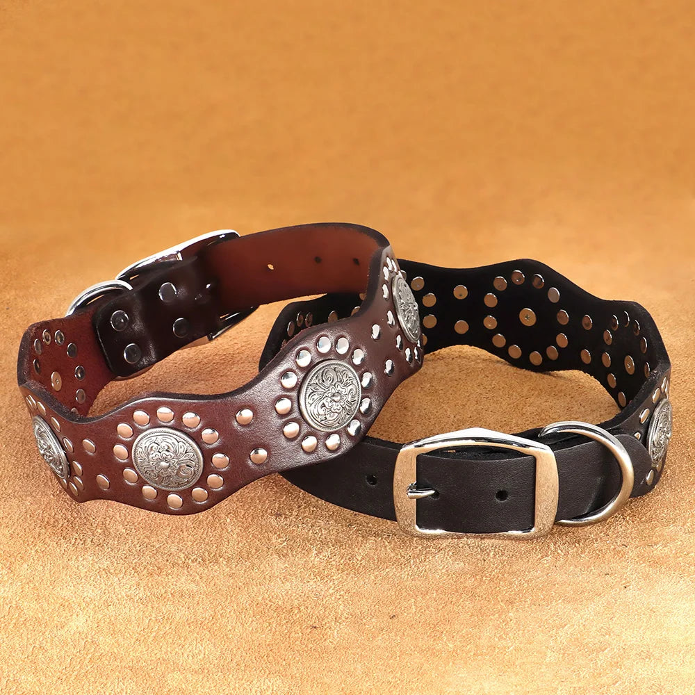 Cesar, collier en cuir véritable de qualité supérieure, large (5cm) et de caractère pour chien de taille moyenne et grande