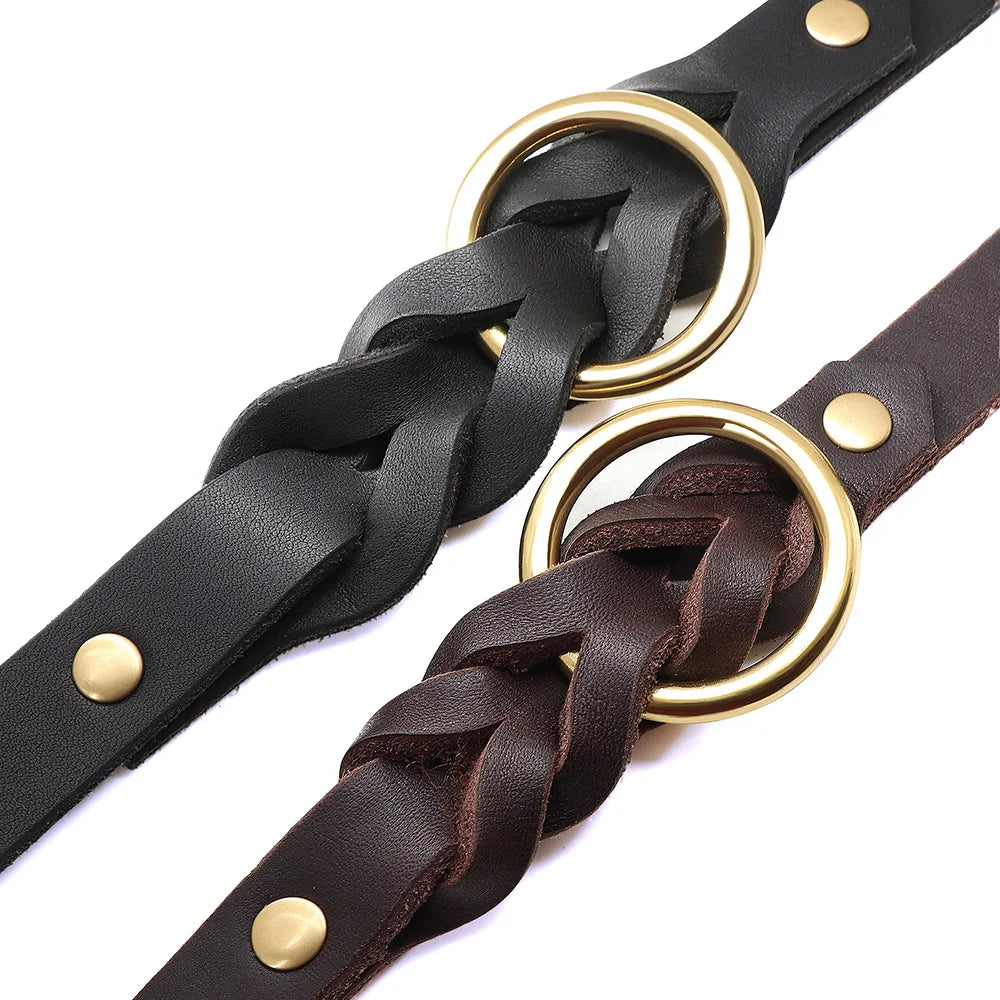 Hetman, ensemble collier et laisse(1m50) en cuir véritable tressé et résistant pour chiens de taille moyenne et grande. Disponible en marron et noir.