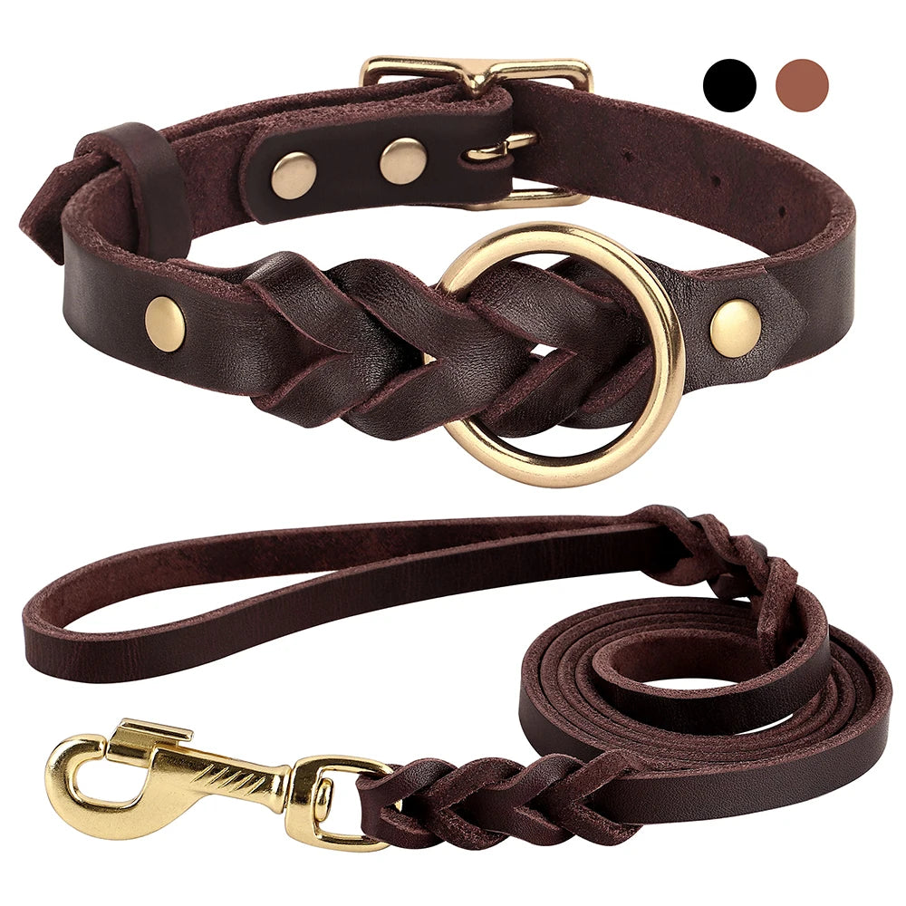 Hetman, ensemble collier et laisse(1m50) en cuir véritable tressé et résistant pour chiens de taille moyenne et grande. Disponible en marron et noir.