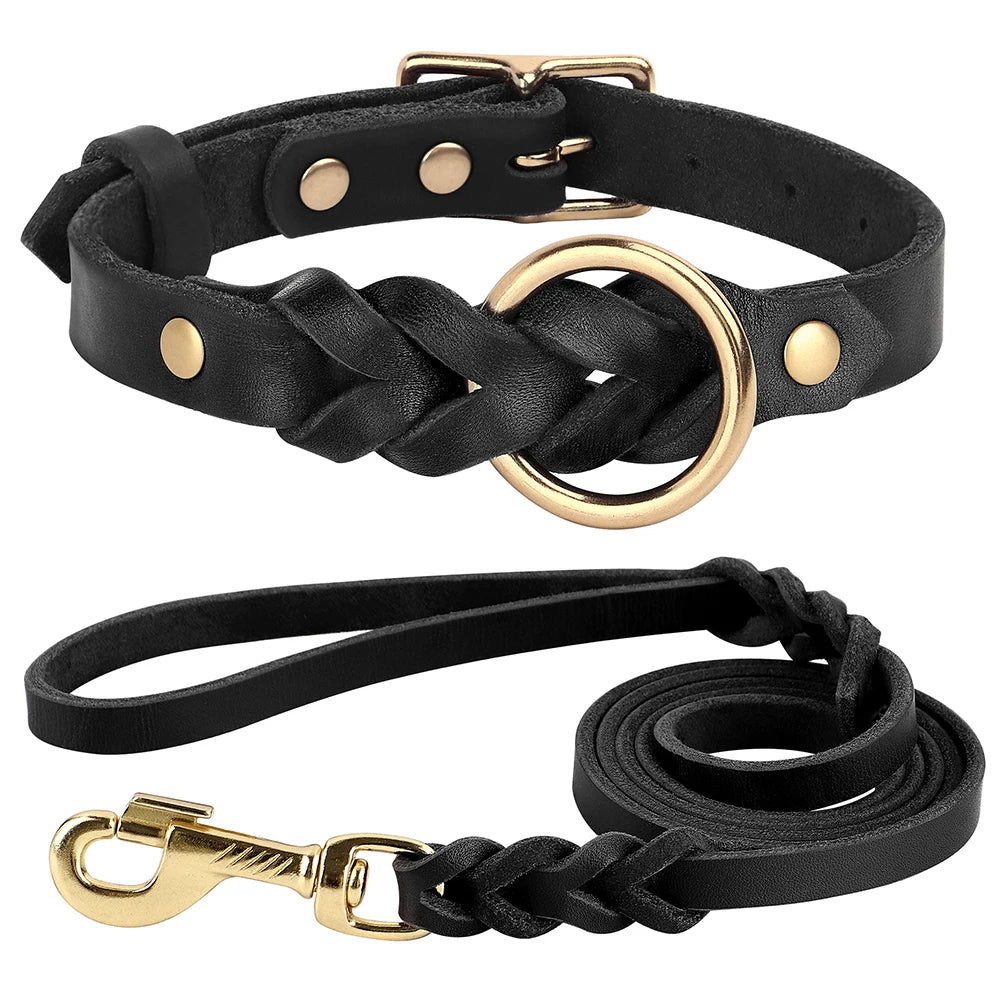Hetman, ensemble collier et laisse(1m50) en cuir véritable tressé et résistant pour chiens de taille moyenne et grande. Disponible en marron et noir.